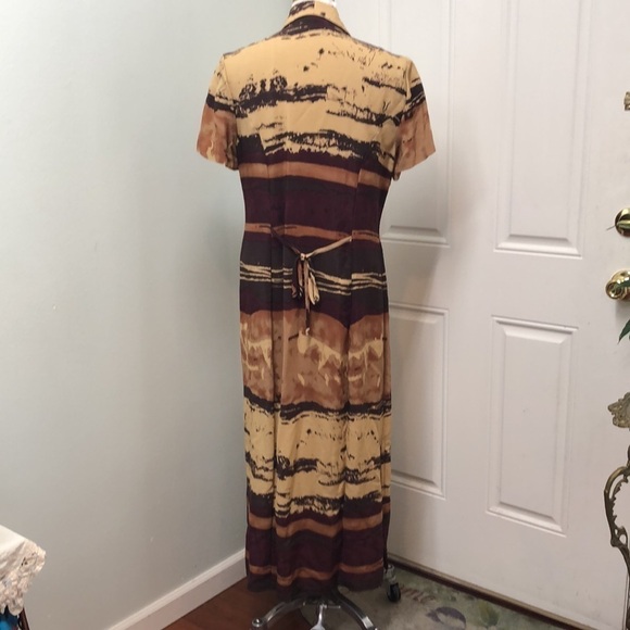 Vintage Desert Sunset Button Up Maxi Shirt Dress Sz 12 Tan Burgundy Brown - Picture 6 of 9